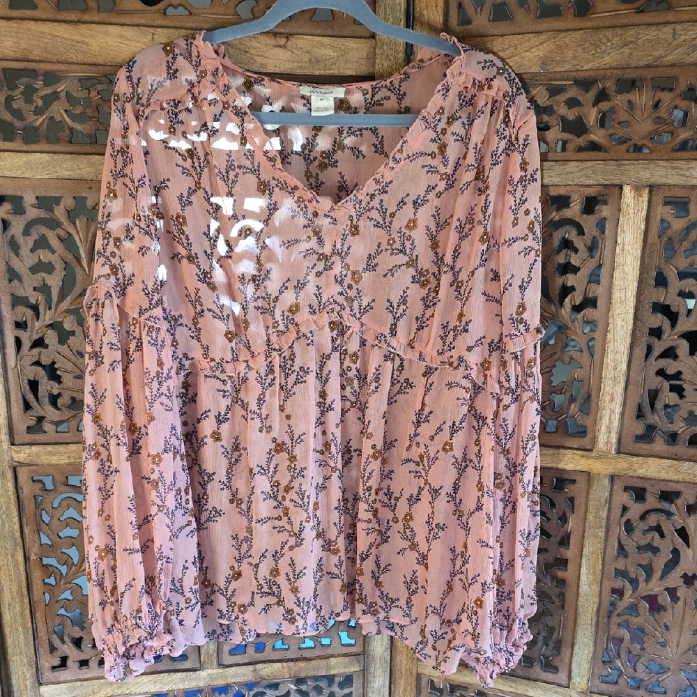 Sundance Peach Floral Sheer 100% Silk Blouse Size XL